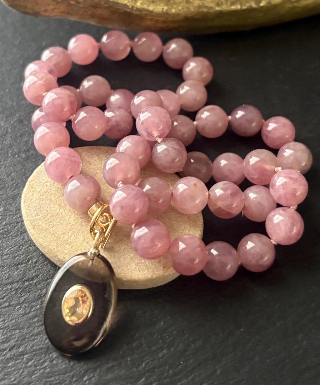 Madagascar Rose Quartz Necklace, Smoky Quartz Citrine Pendant, Hand Knotted Gemstone