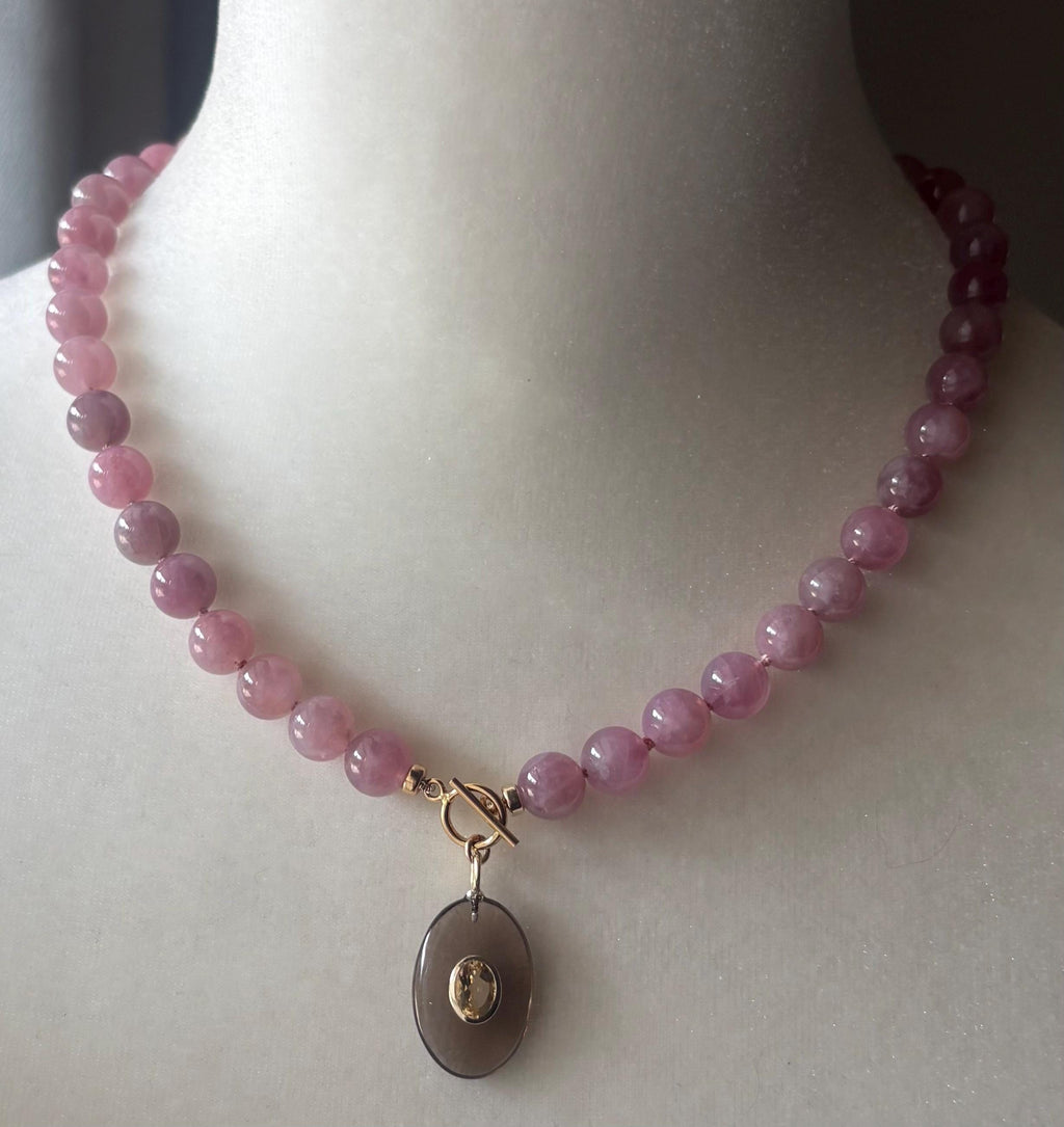 Madagascar Rose Quartz Necklace, Smoky Quartz Citrine Pendant, Hand Knotted Gemstone