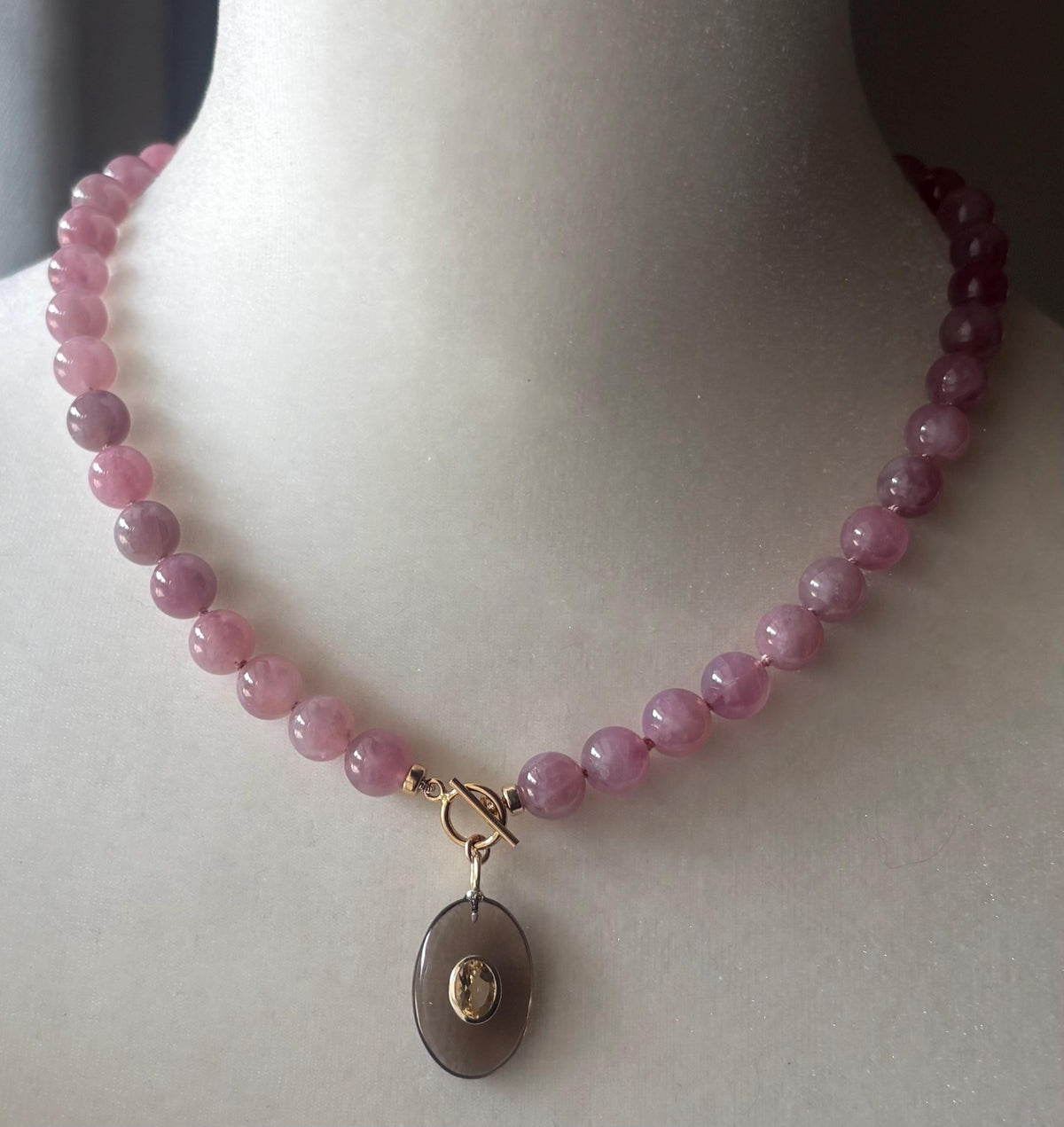 Madagascar Rose Quartz Necklace, Smoky Quartz Citrine Pendant, Hand Knotted Gemstone
