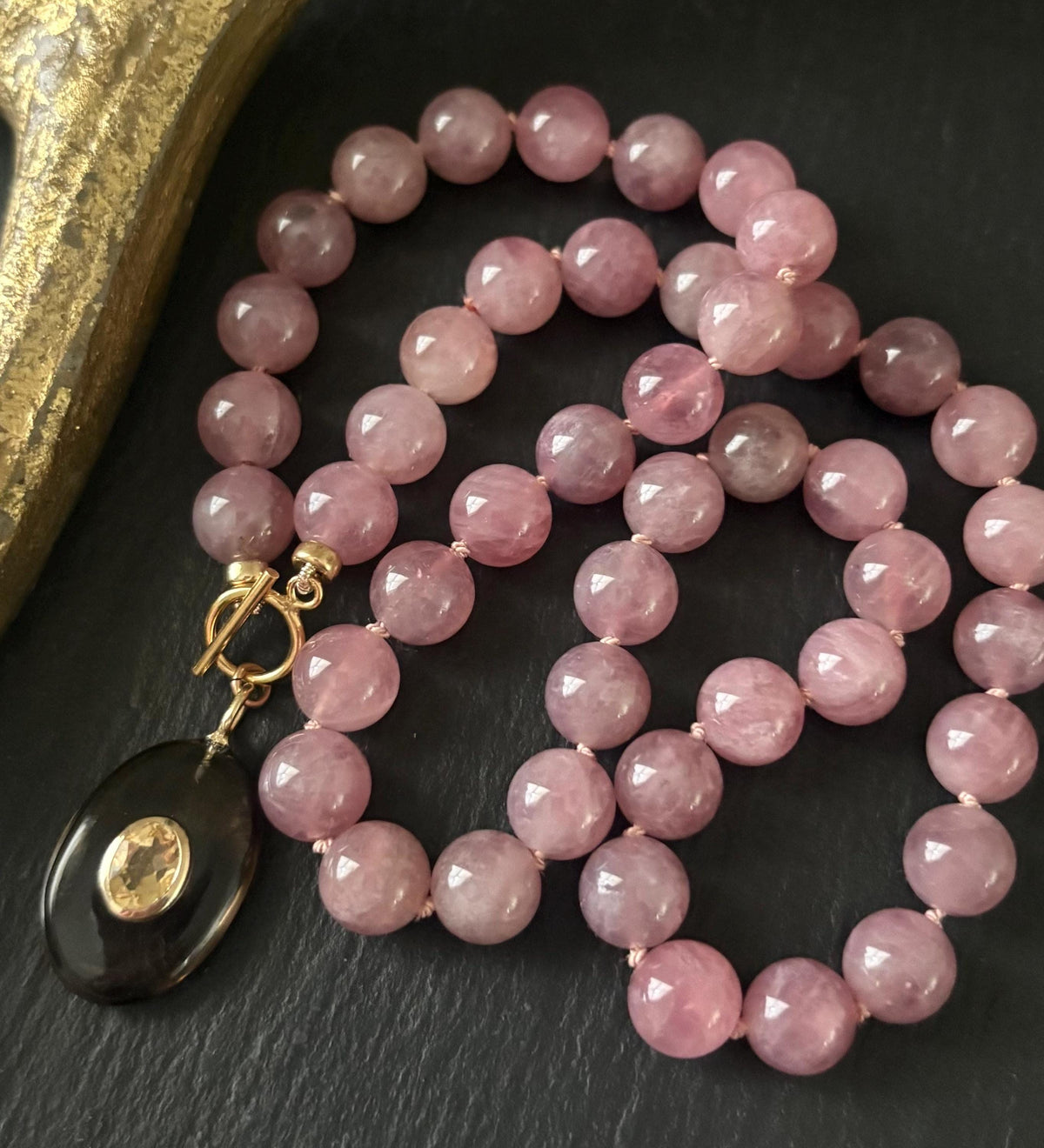 Madagascar Rose Quartz Necklace, Smoky Quartz Citrine Pendant, Hand Knotted Gemstone