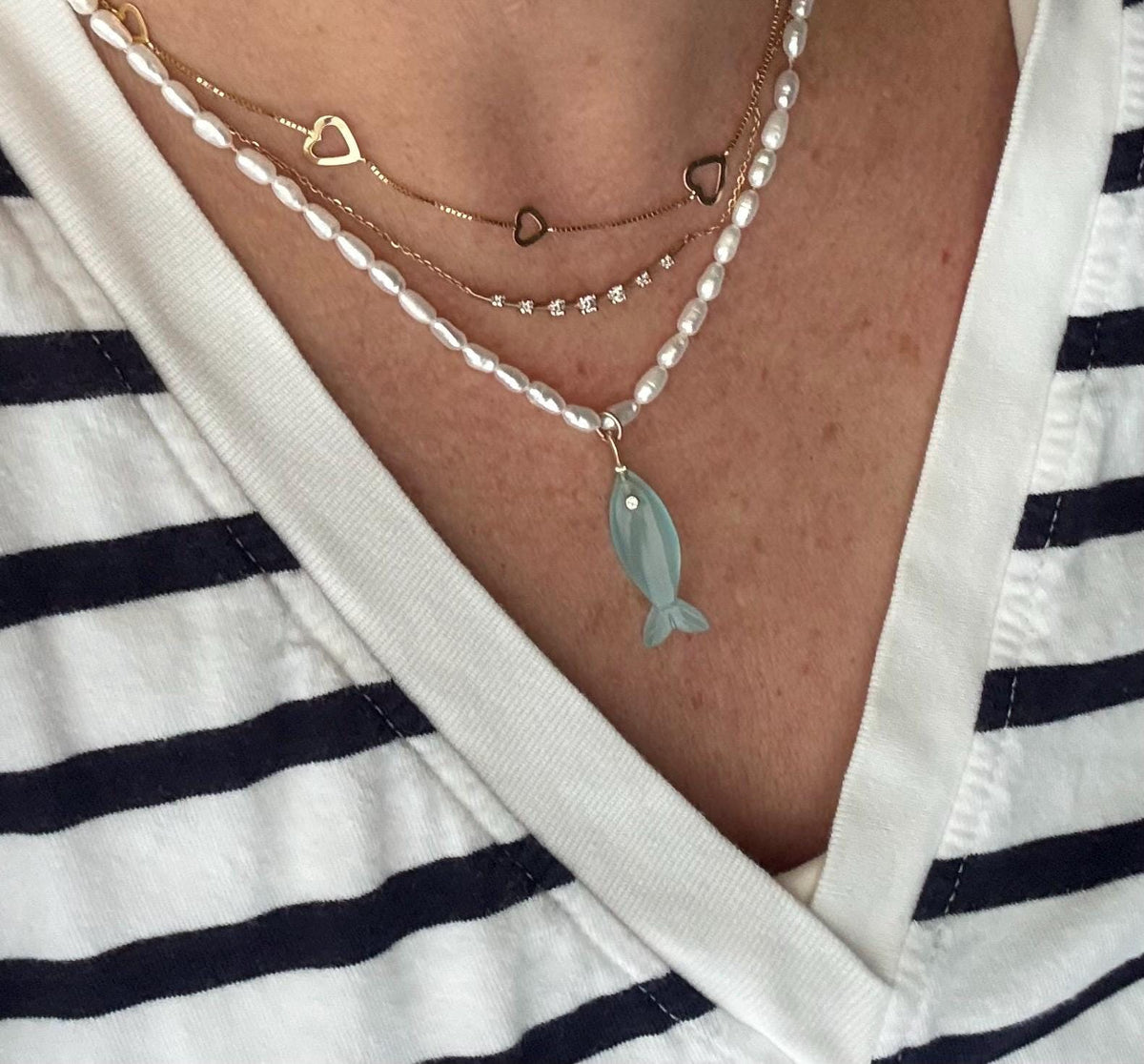 Freshwater Pearl Necklace, Aqua Blue Chalcedony Fish Pendant, Hand Knotted Silk, 14K Gold Filled