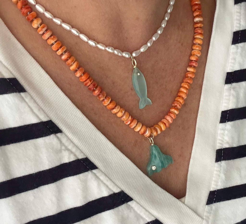 Orange Spiny Oyster Necklace & Amazonite Fish Tail Pendant, 14K Gold Filled