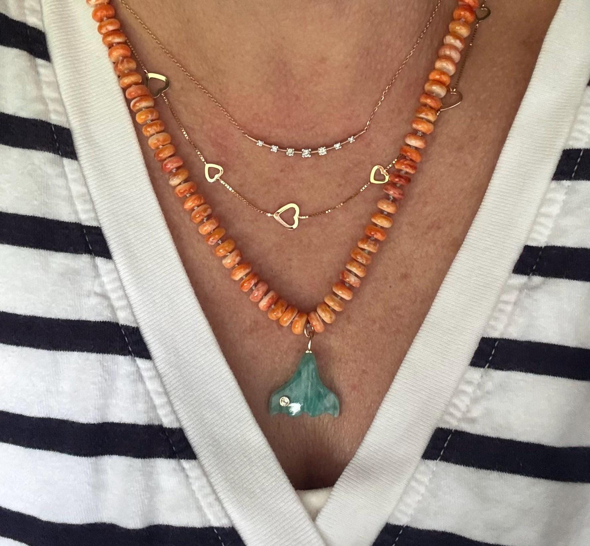 Orange Spiny Oyster Necklace & Amazonite Fish Tail Pendant, 14K Gold Filled