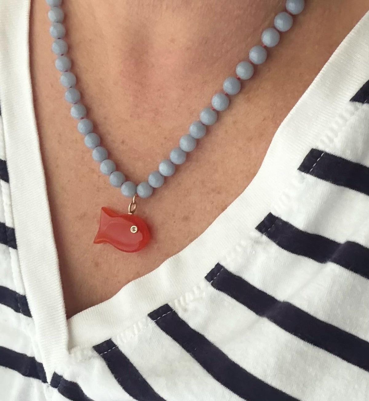 Blue Angelite Necklace, Red Onyx Fish Pendant, White Topaz, 14K Gold Filled