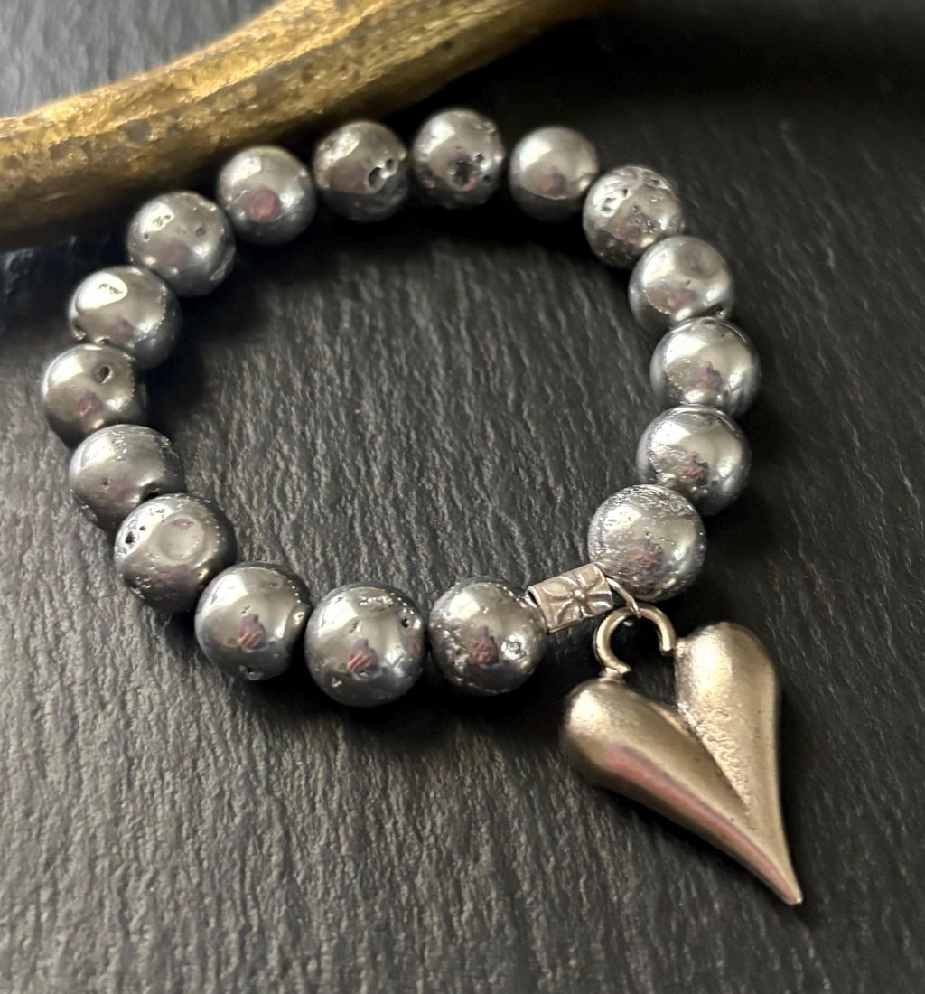 Luxe Silver Titanium Druzy Bracelet & Large Elongated Puffy Heart  Charm