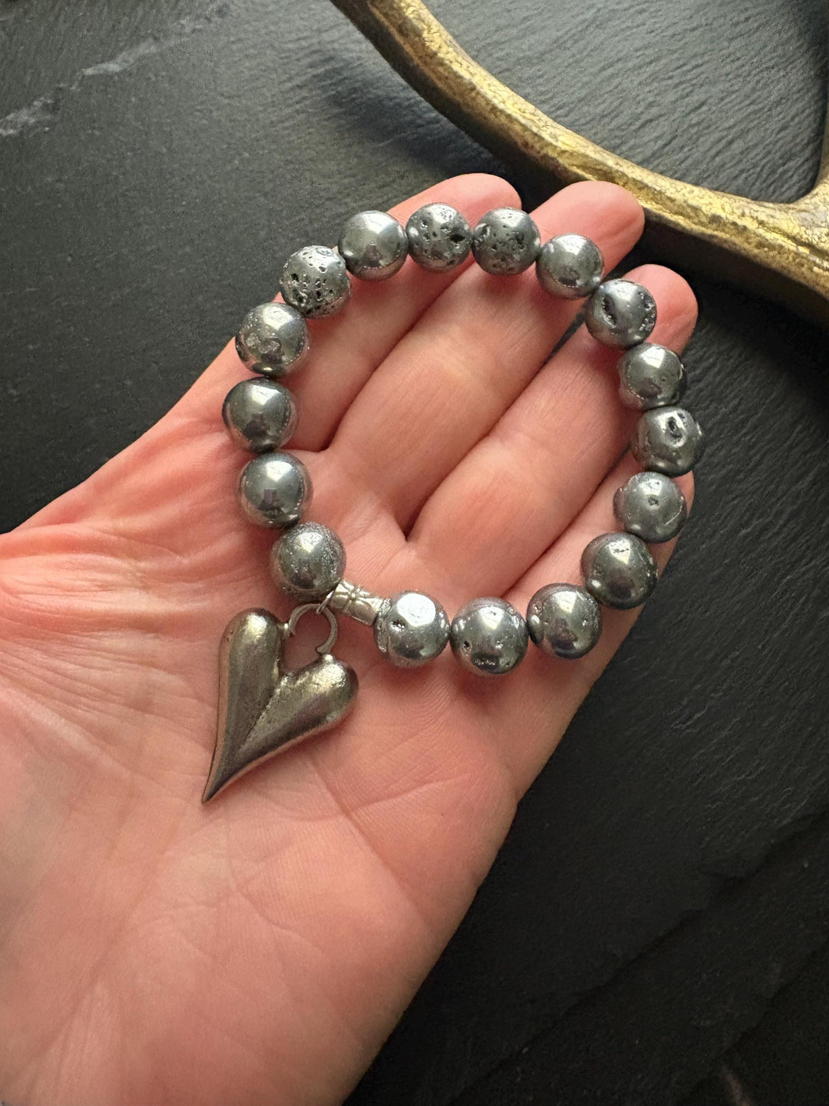 Luxe Silver Titanium Druzy Bracelet & Large Elongated Puffy Heart  Charm