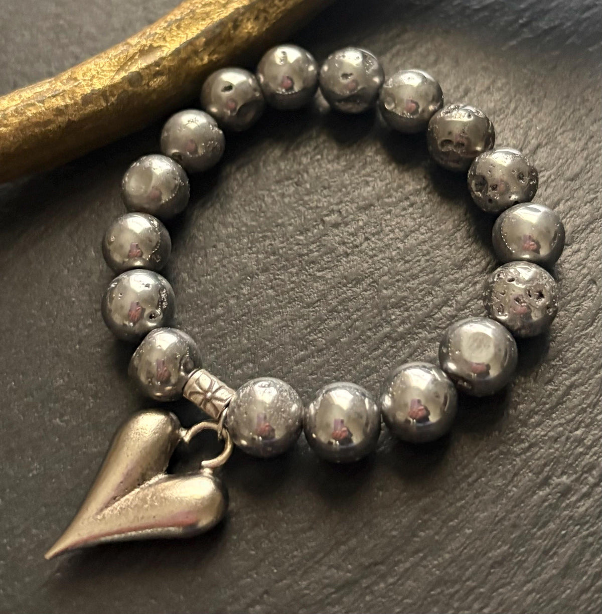 Luxe Silver Titanium Druzy Bracelet & Large Elongated Puffy Heart  Charm