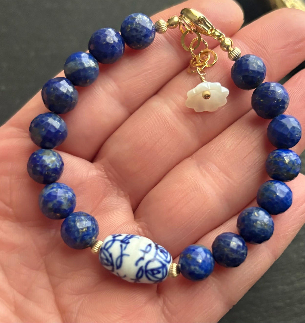 Lapis Lazuli Bracelet, Blue White Porcelain Bead, 14K Gold Filled
