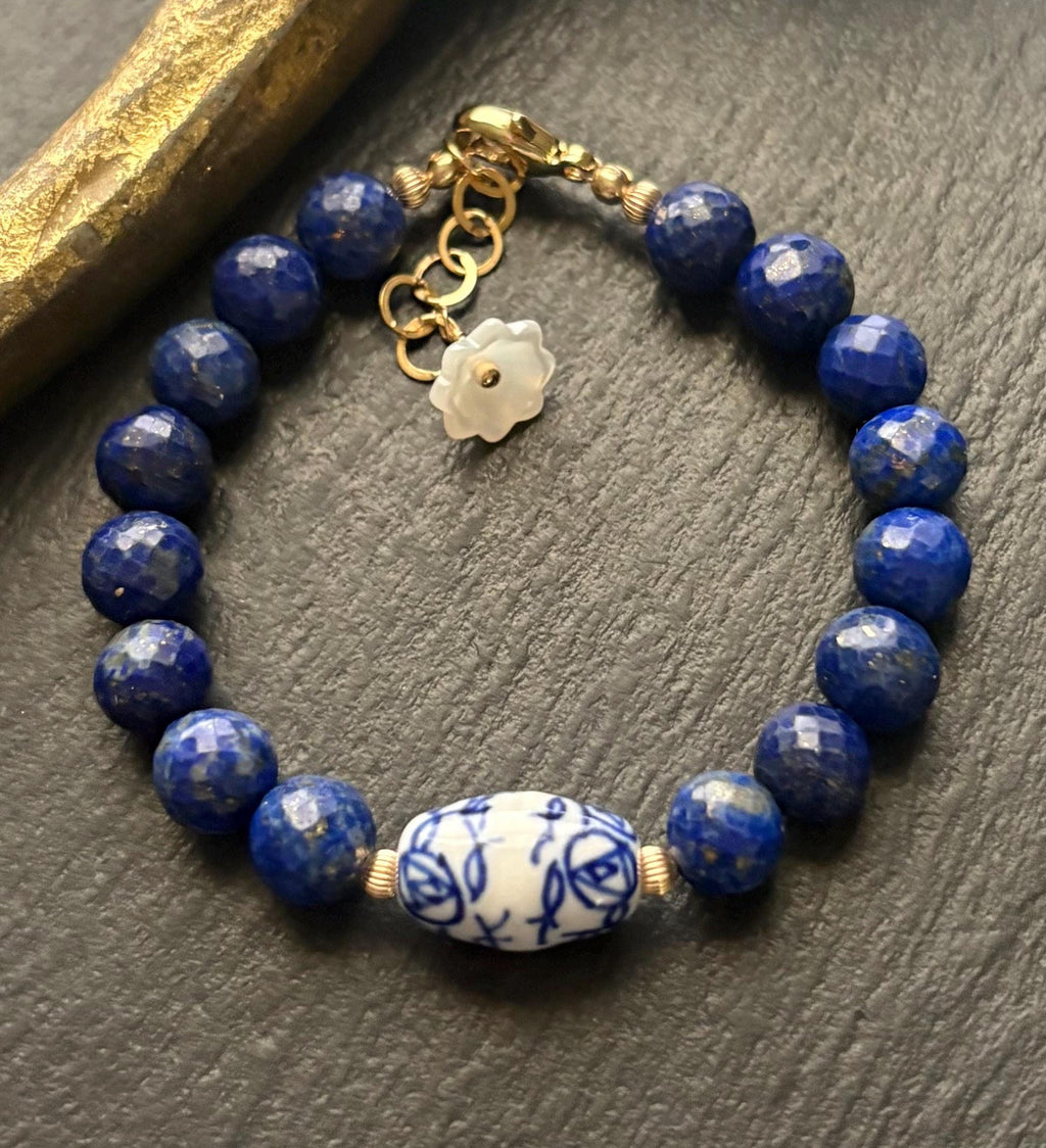 Lapis Lazuli Bracelet, Blue White Porcelain Bead, 14K Gold Filled