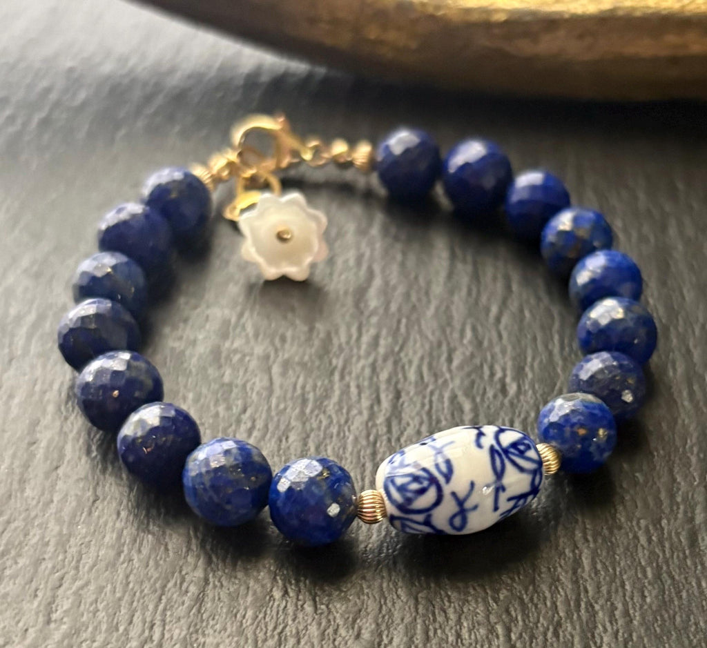 Lapis Lazuli Bracelet, Blue White Porcelain Bead, 14K Gold Filled