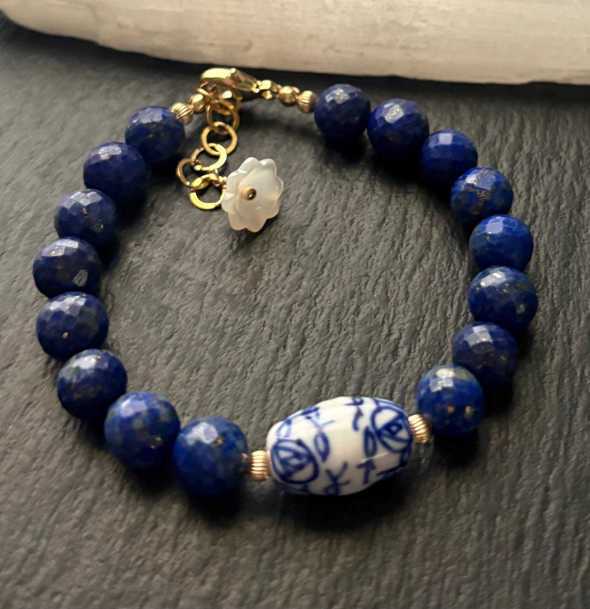 Lapis Lazuli Bracelet, Blue White Porcelain Bead, 14K Gold Filled
