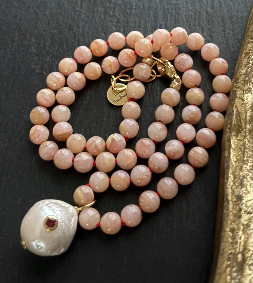 Peruvian Pink Opal Necklace, Baroque Pearl Garnet Pendant, 14 Gold Filled