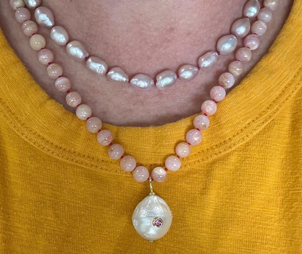 Peruvian Pink Opal Necklace, Baroque Pearl Garnet Pendant, 14 Gold Filled