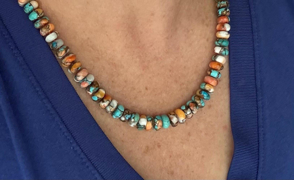 Kingman Turquoise & Spiny Oyster Necklace, Hand Knotted, Solid 14K gold