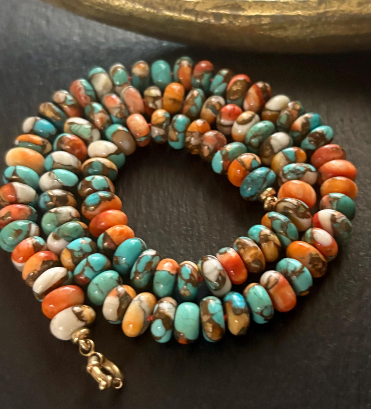 Kingman Turquoise & Spiny Oyster Necklace, Hand Knotted, Solid 14K gold