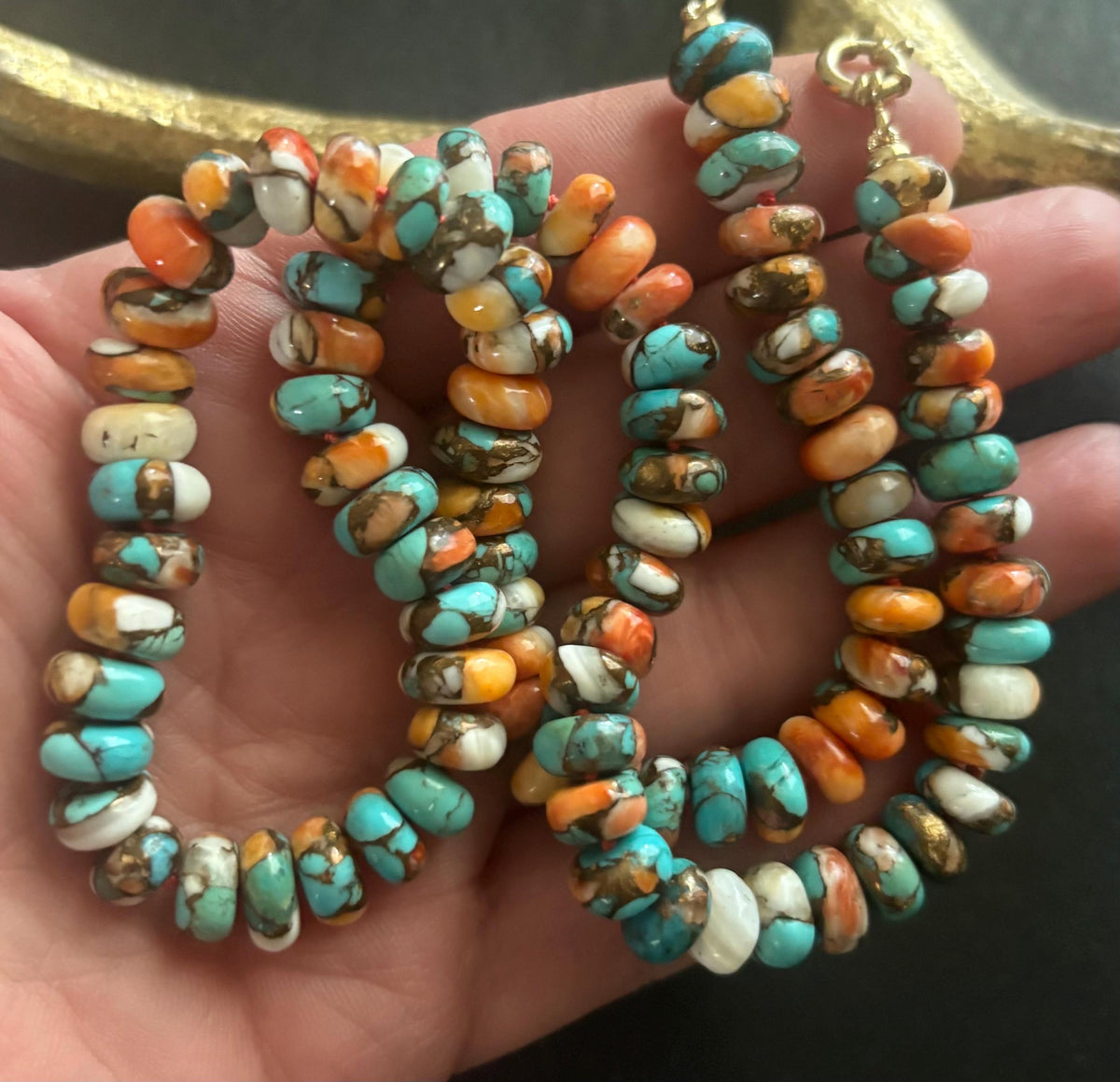 Kingman Turquoise & Spiny Oyster Necklace, Hand Knotted, Solid 14K gold