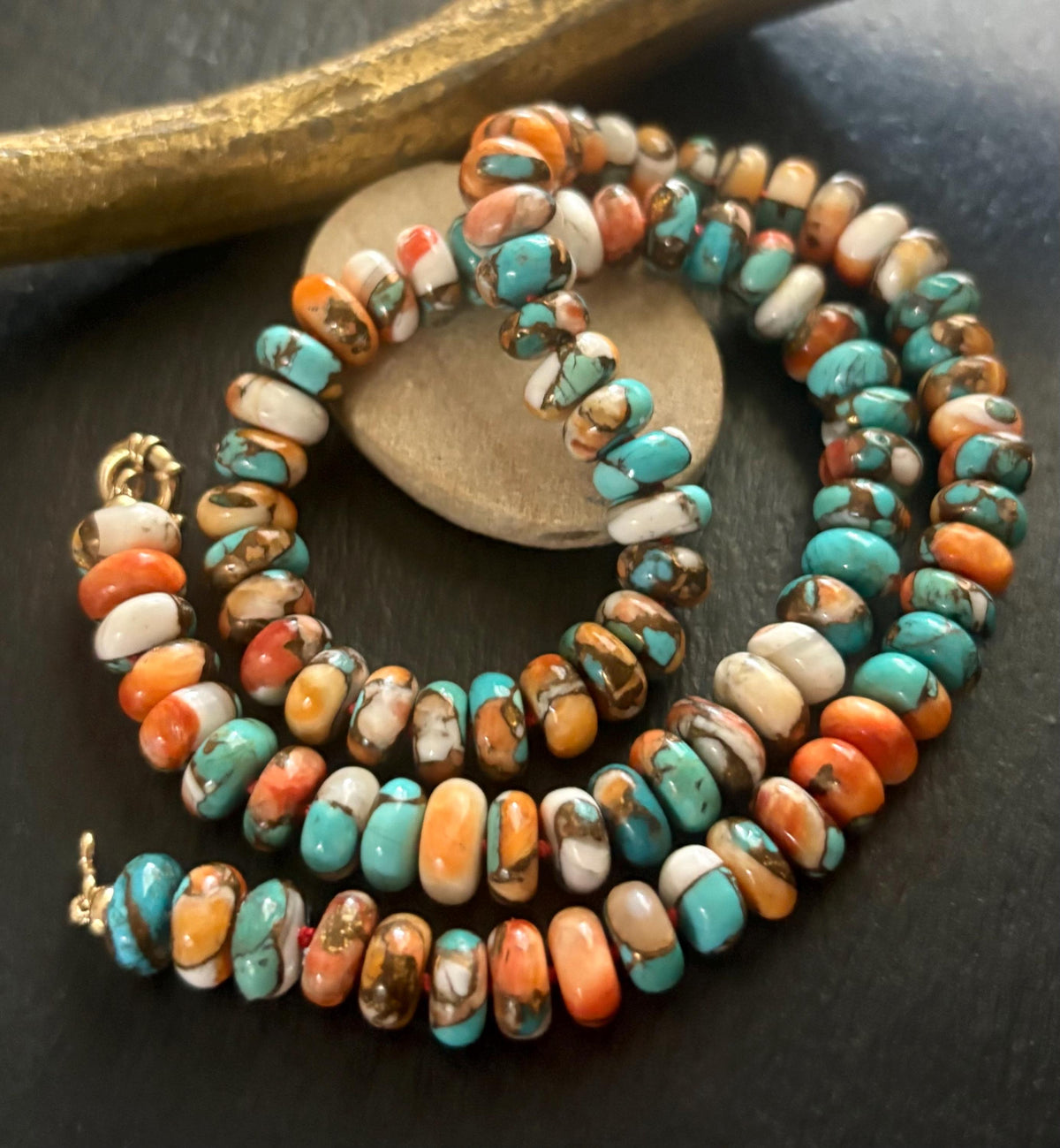 Kingman Turquoise & Spiny Oyster Necklace, Hand Knotted, Solid 14K gold