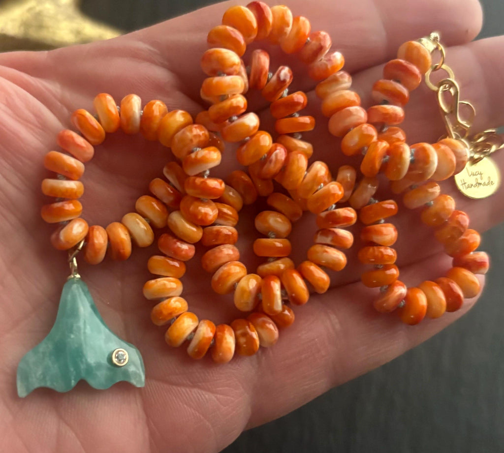 Orange Spiny Oyster Necklace & Amazonite Fish Tail Pendant, 14K Gold Filled