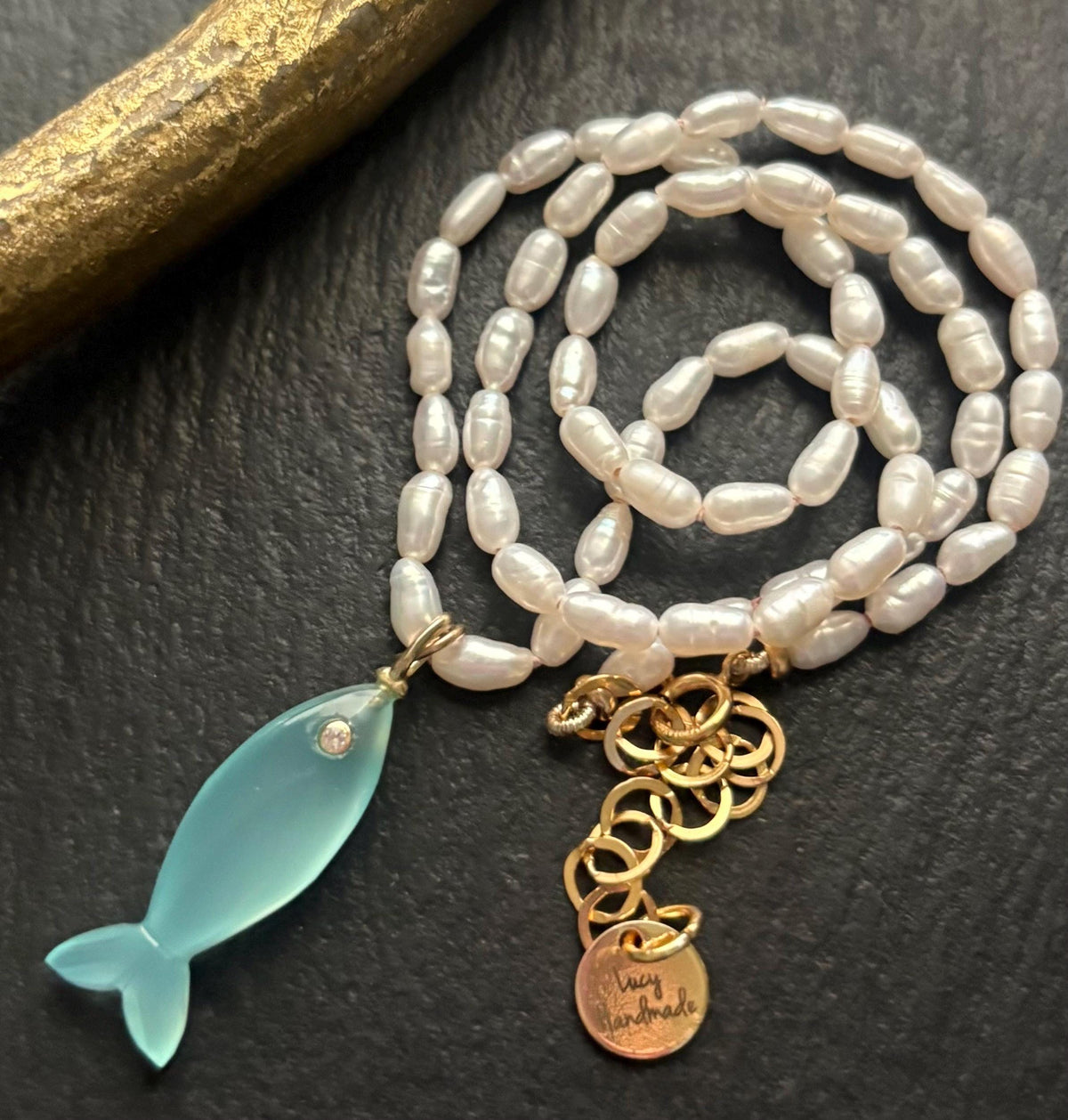 Freshwater Pearl Necklace, Aqua Blue Chalcedony Fish Pendant, Hand Knotted Silk, 14K Gold Filled