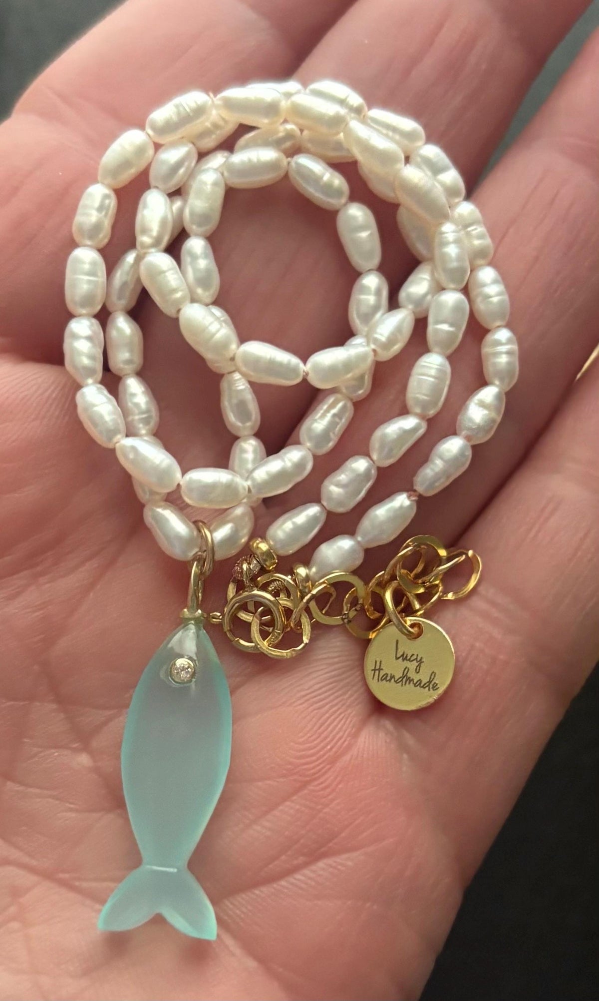 Freshwater Pearl Necklace, Aqua Blue Chalcedony Fish Pendant, Hand Knotted Silk, 14K Gold Filled