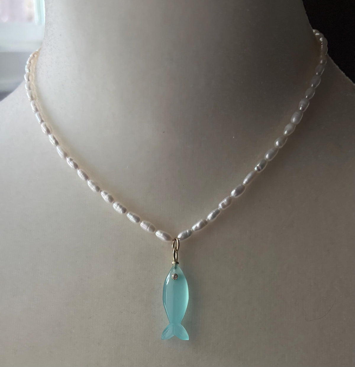 Freshwater Pearl Necklace, Aqua Blue Chalcedony Fish Pendant, Hand Knotted Silk, 14K Gold Filled