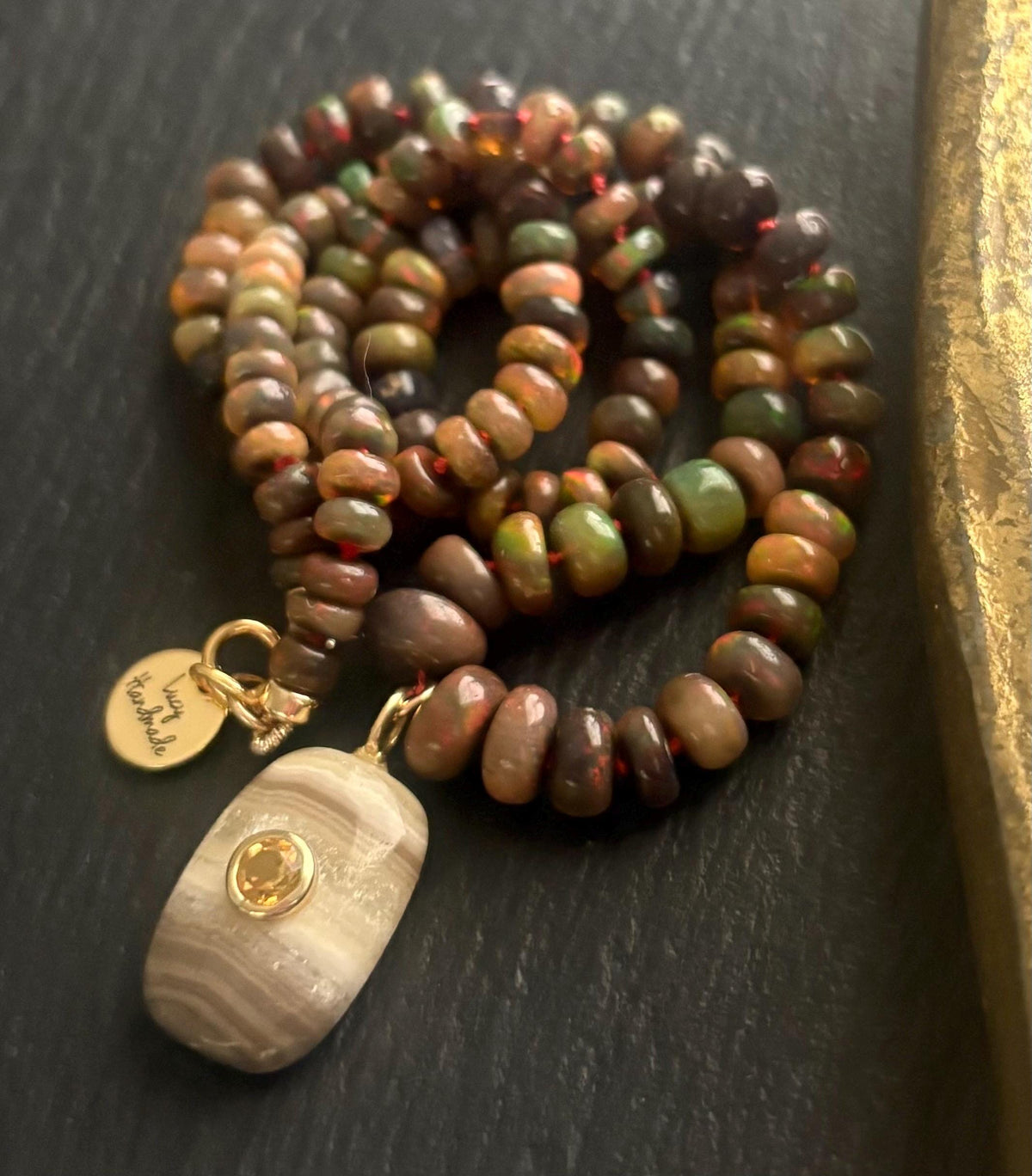 Brown Opal Knotted Necklace, Calcite & Citrine Pendant, Hand Knotted Gemstone Jewelry, 14K Gold Filled