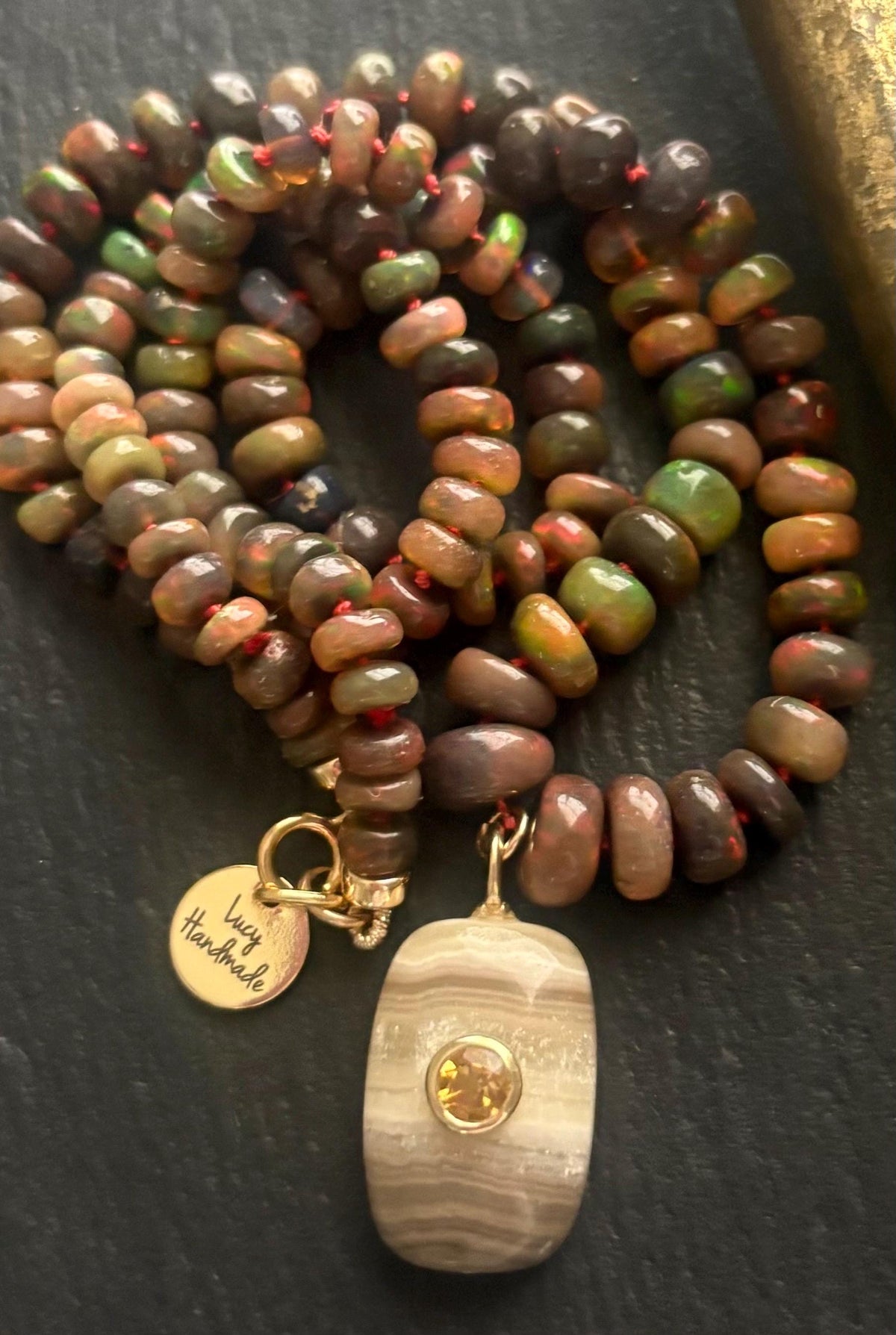 Brown Opal Knotted Necklace, Calcite & Citrine Pendant, Hand Knotted Gemstone Jewelry, 14K Gold Filled