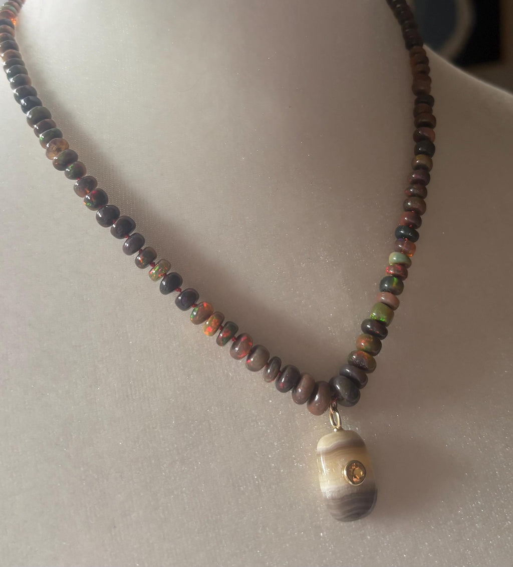 Brown Opal Knotted Necklace, Calcite & Citrine Pendant, Hand Knotted Gemstone Jewelry, 14K Gold Filled