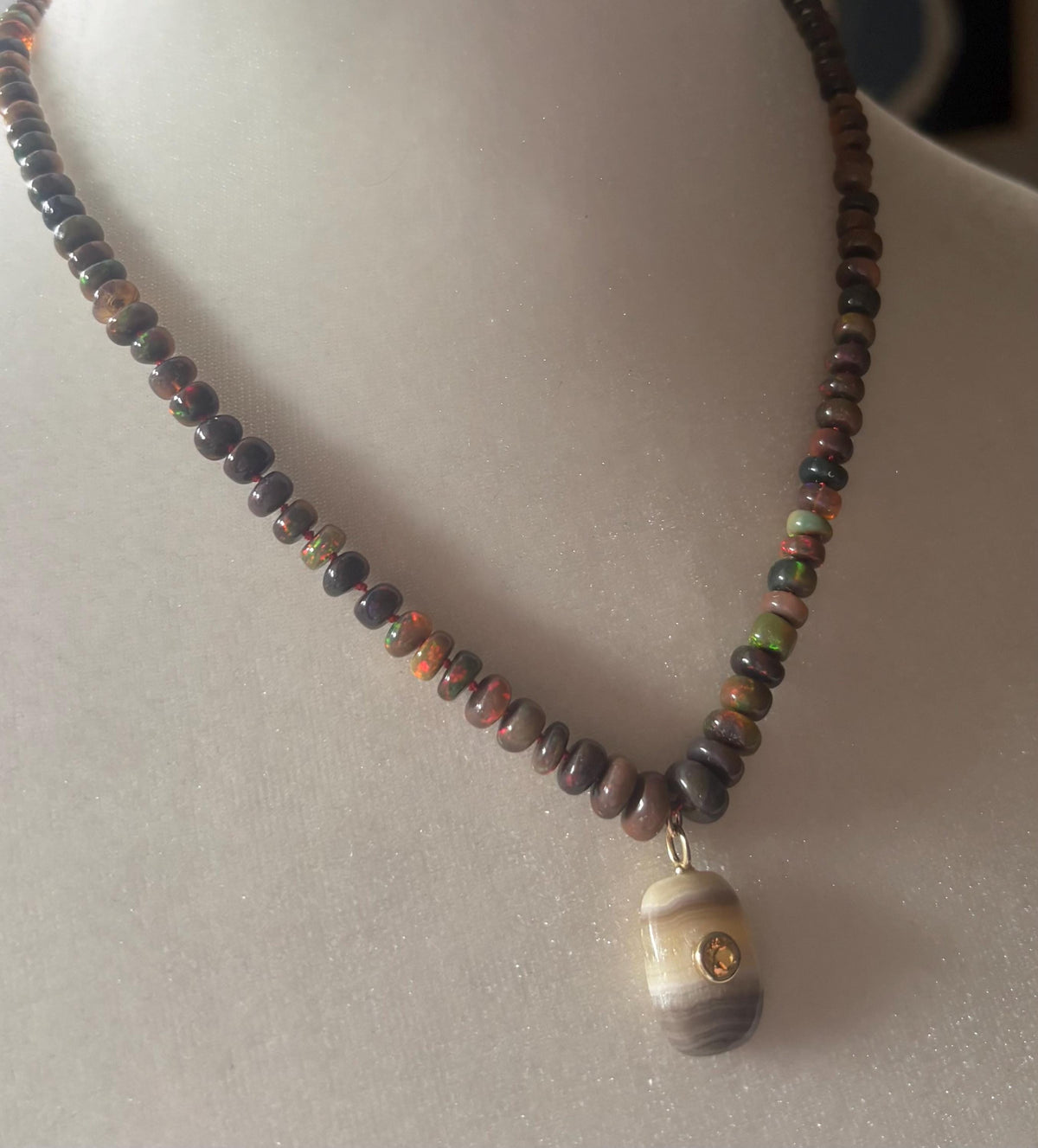 Brown Opal Knotted Necklace, Calcite & Citrine Pendant, Hand Knotted Gemstone Jewelry, 14K Gold Filled