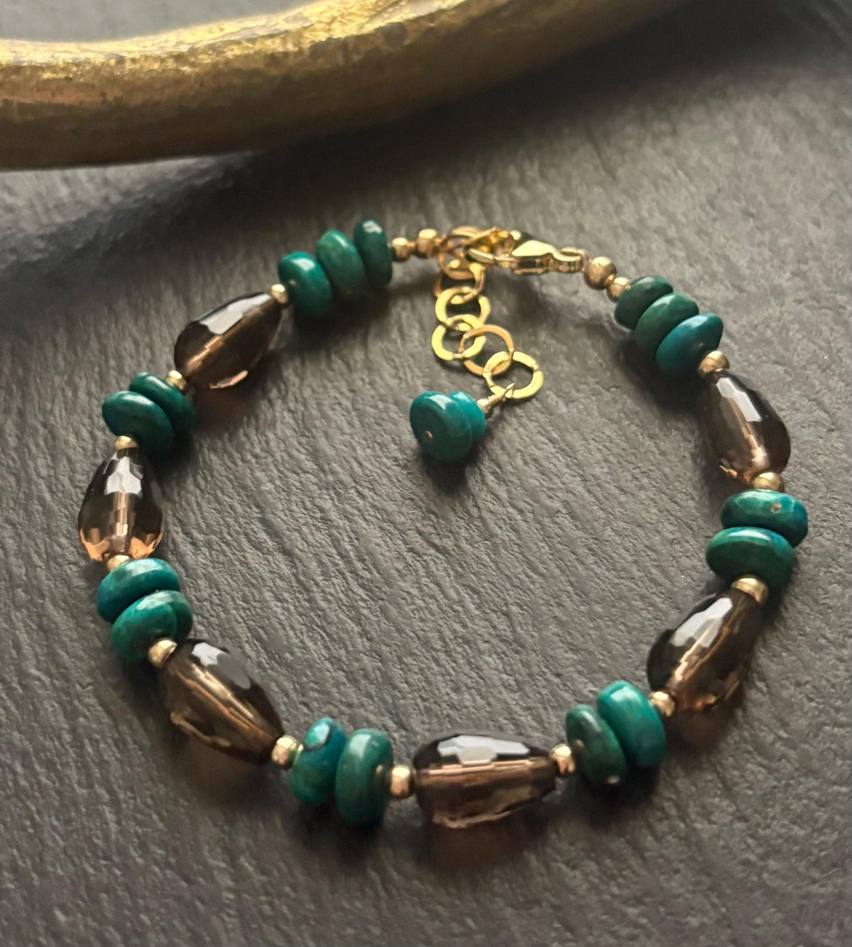 Luxe Natural Smoky Quartz & Chrysocolla Bracelet , 14K Gold Filled