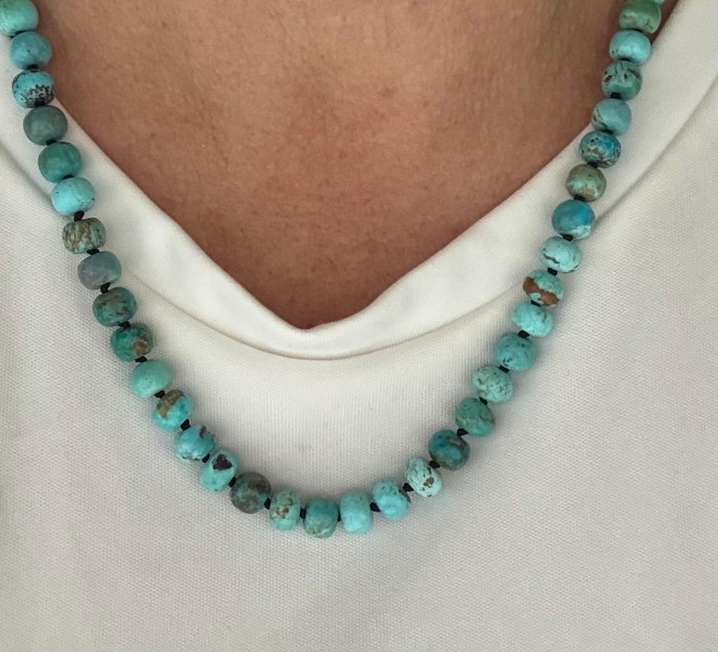 Arizona Turquoise Necklace, Solid 14K Gold, Hand Knotted