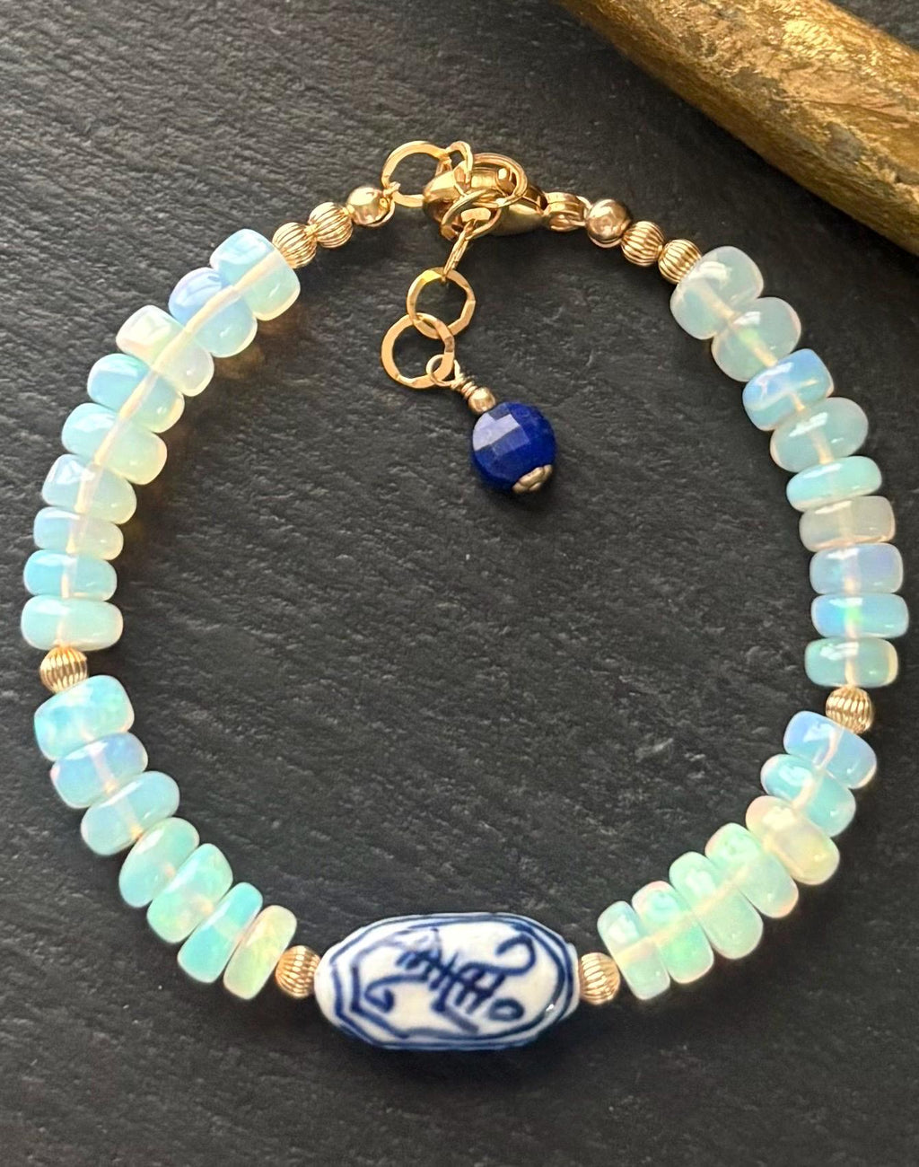 Ethiopian Opal Bracelet, Blue White Porcelain Focal, 14K Gold Filled Beads