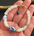 Ethiopian Opal Bracelet, Blue White Porcelain Focal, 14K Gold Filled Beads