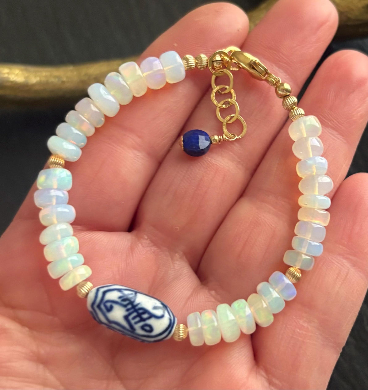 Ethiopian Opal Bracelet, Blue White Porcelain Focal, 14K Gold Filled Beads