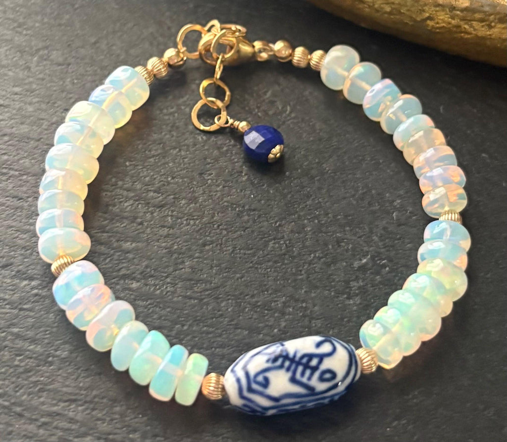 Ethiopian Opal Bracelet, Blue White Porcelain Focal, 14K Gold Filled Beads