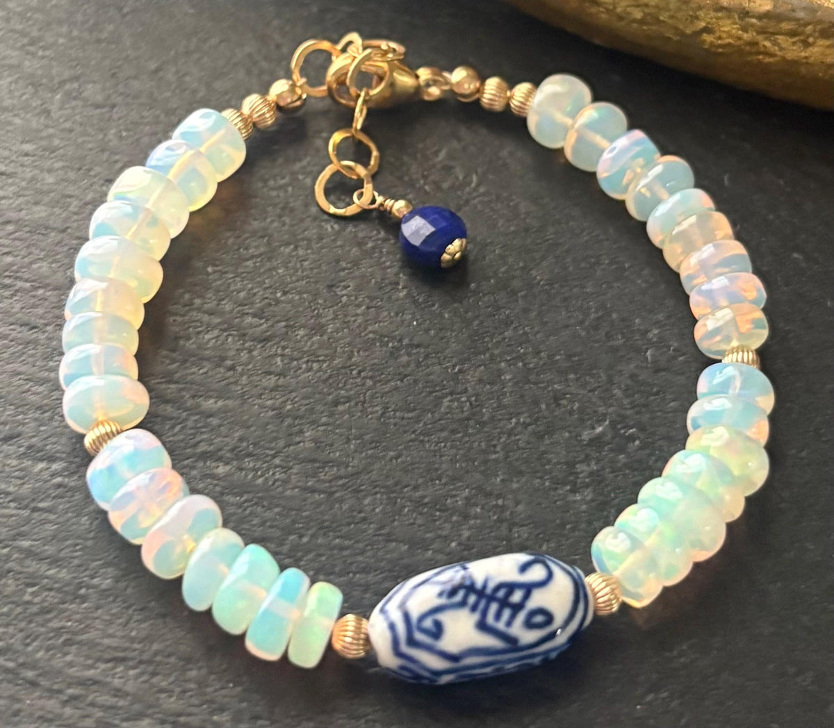 Ethiopian Opal Bracelet, Blue White Porcelain Focal, 14K Gold Filled Beads