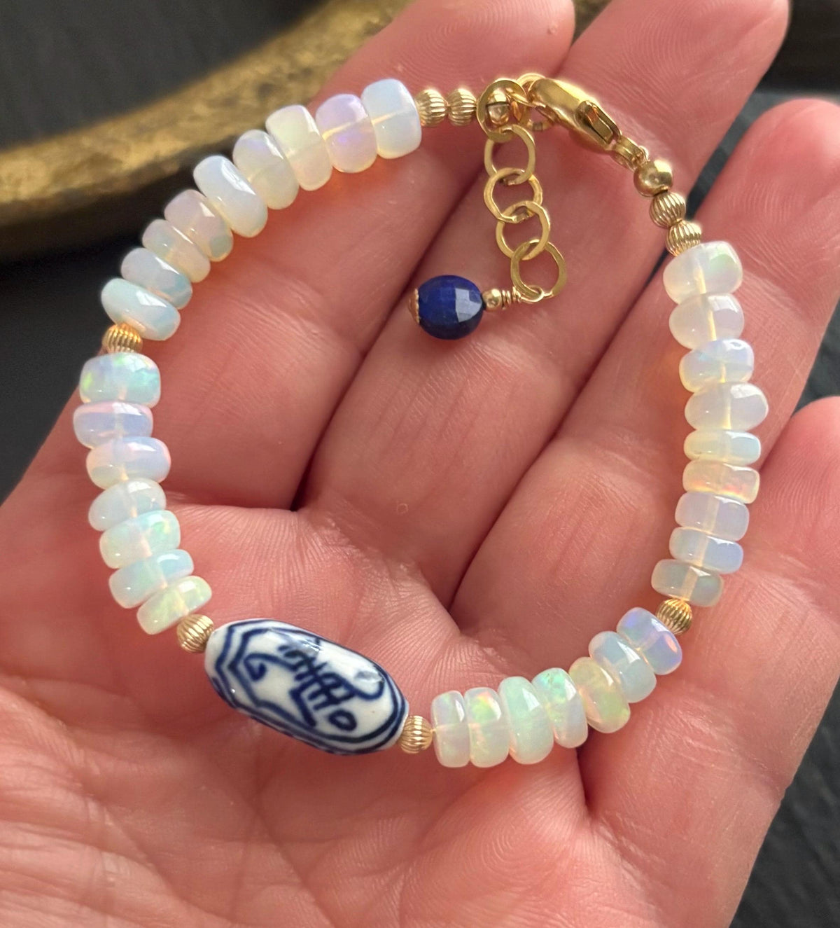 Ethiopian Opal Bracelet, Blue White Porcelain Focal, 14K Gold Filled Beads
