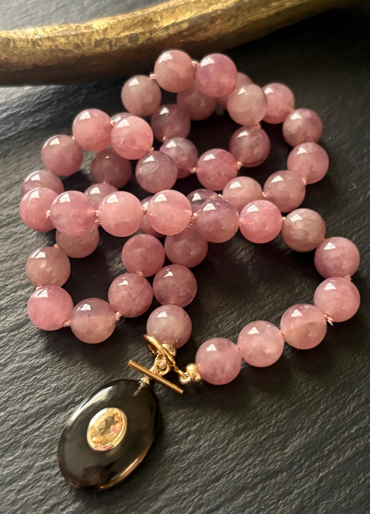 Madagascar Rose Quartz Necklace, Smoky Quartz Citrine Pendant, Hand Knotted Gemstone