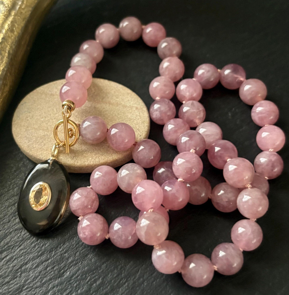 Madagascar Rose Quartz Necklace, Smoky Quartz Citrine Pendant, Hand Knotted Gemstone