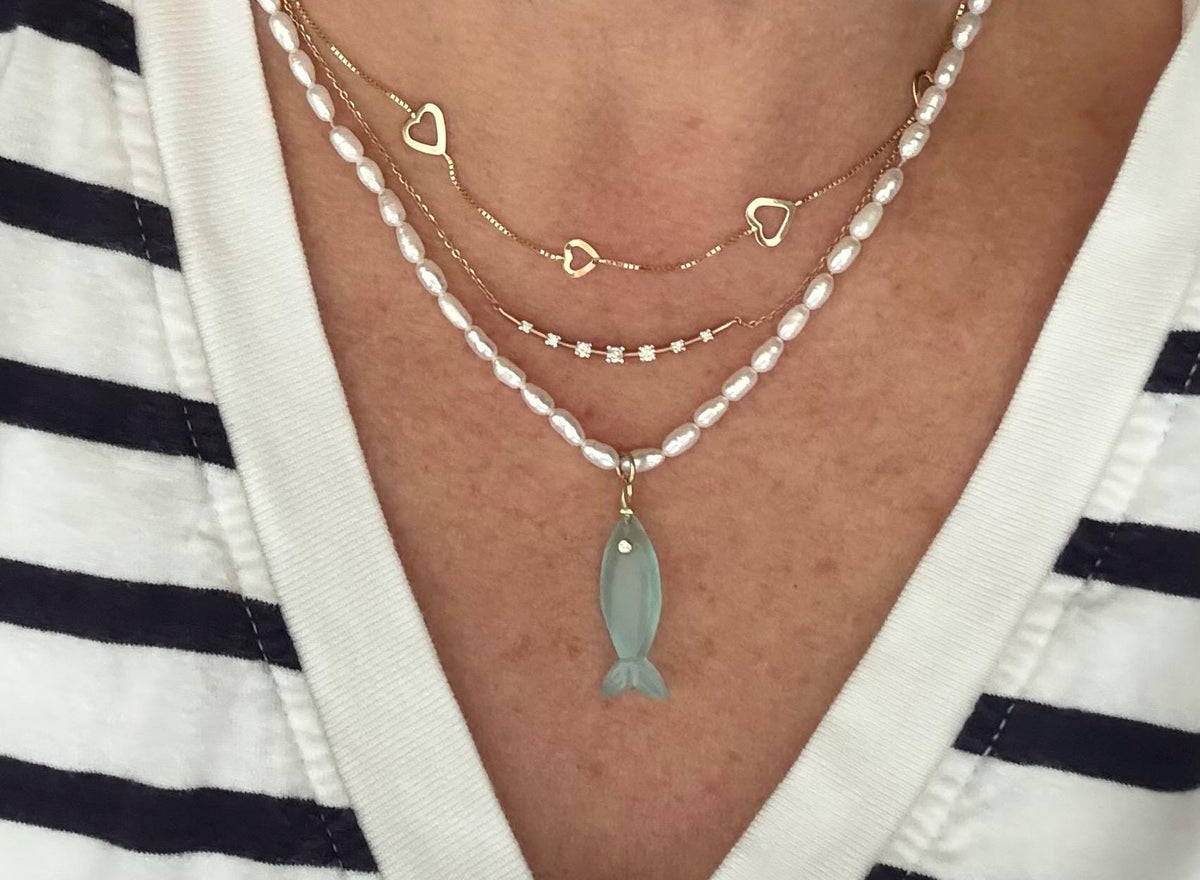 Freshwater Pearl Necklace, Aqua Blue Chalcedony Fish Pendant, Hand Knotted Silk, 14K Gold Filled