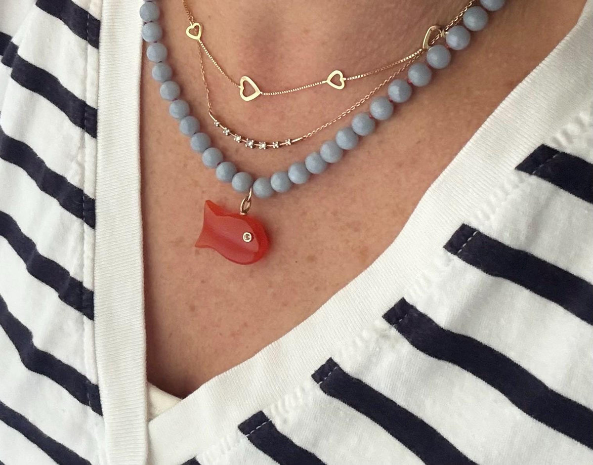 Blue Angelite Necklace, Red Onyx Fish Pendant, White Topaz, 14K Gold Filled
