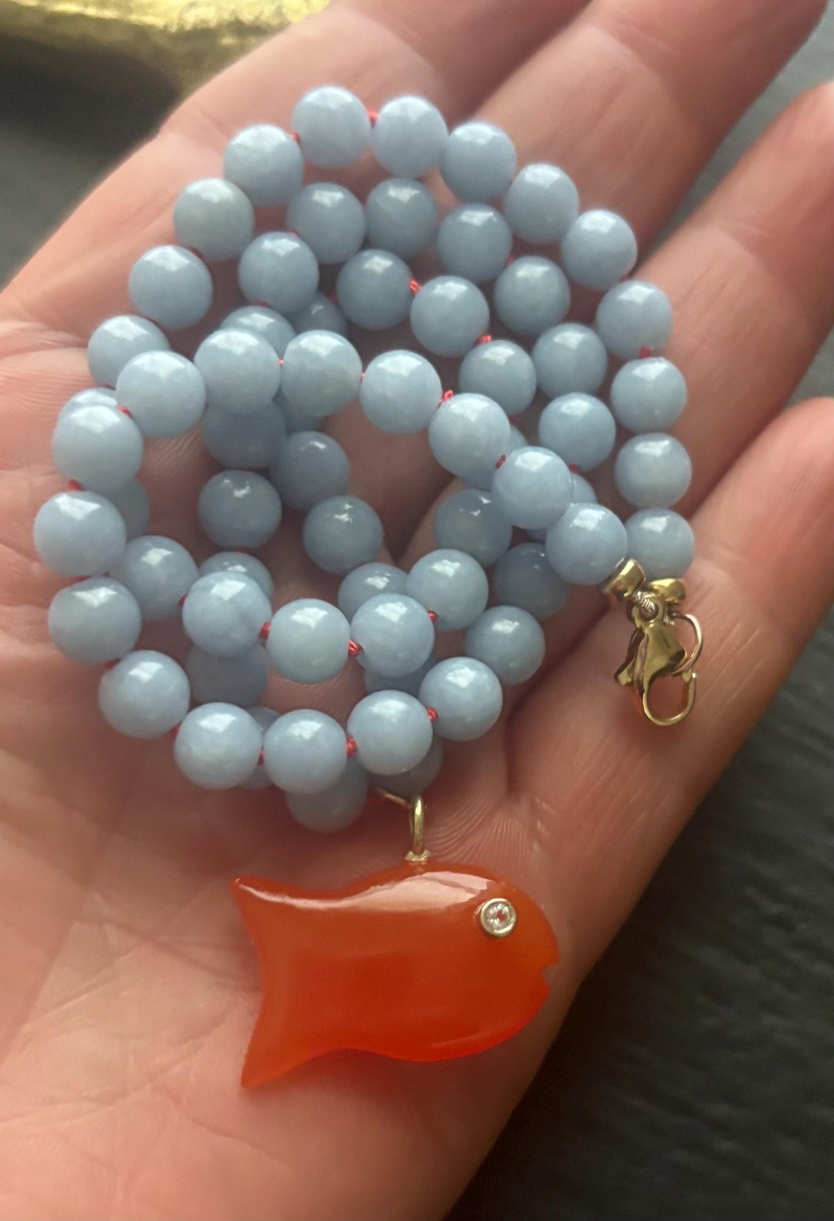 Blue Angelite Necklace, Red Onyx Fish Pendant, White Topaz, 14K Gold Filled