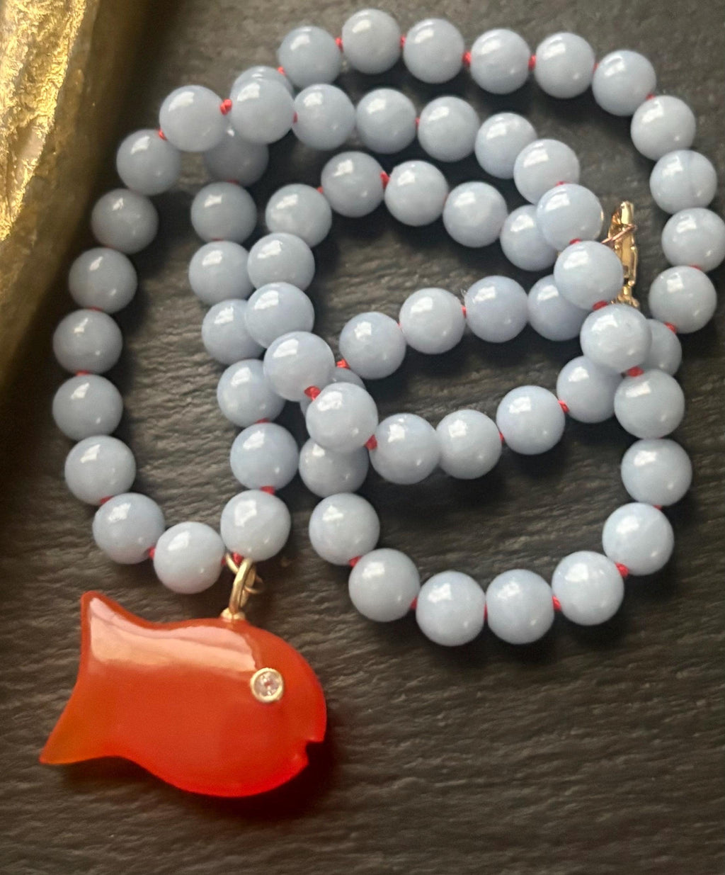 Blue Angelite Necklace, Red Onyx Fish Pendant, White Topaz, 14K Gold Filled