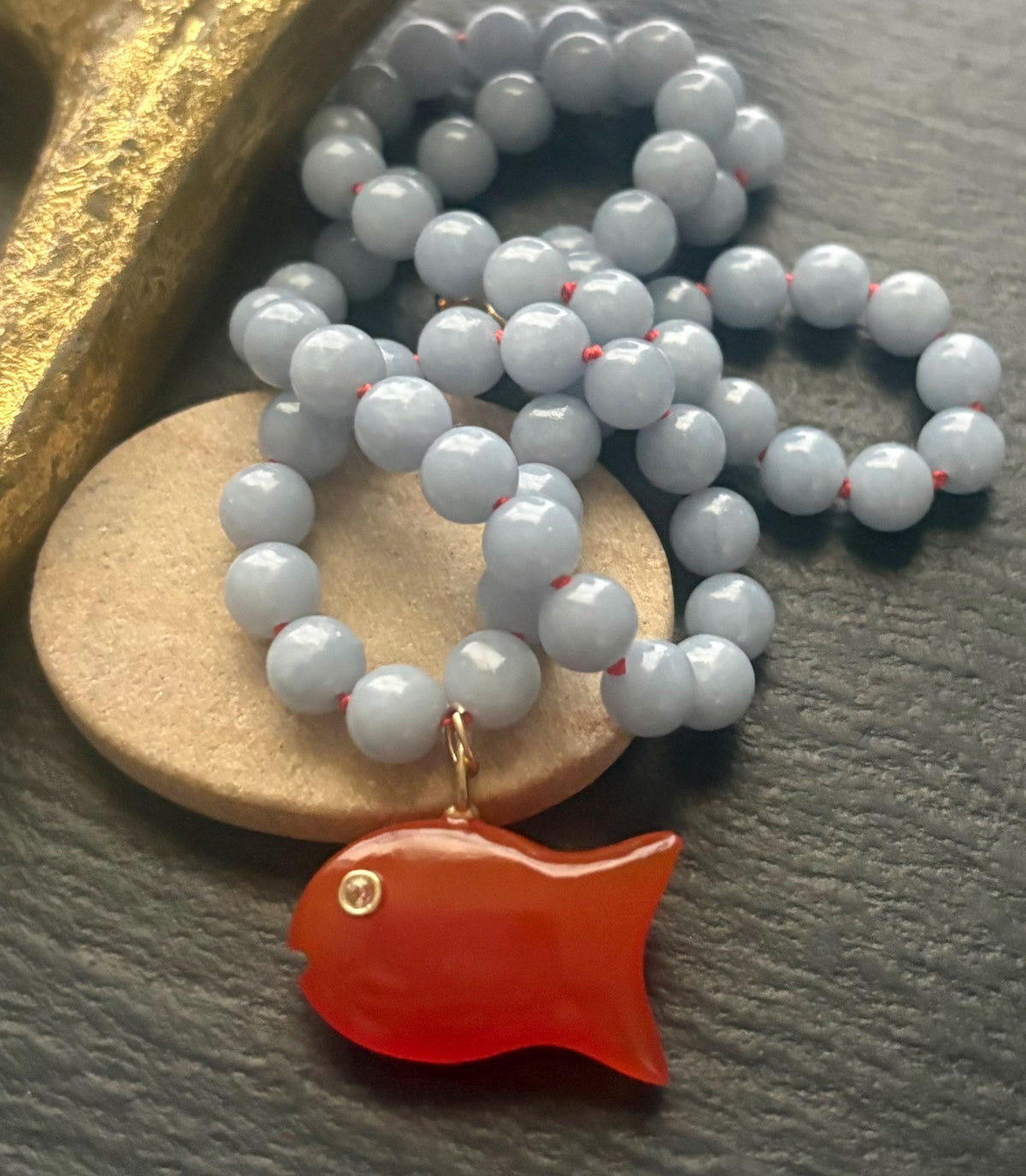 Blue Angelite Necklace, Red Onyx Fish Pendant, White Topaz, 14K Gold Filled