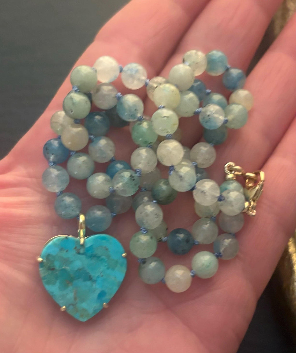 Blue Azurite in Calcite Necklace & Kingman Turquoise Gemstone Heart Pendant Hand Knotted Necklace