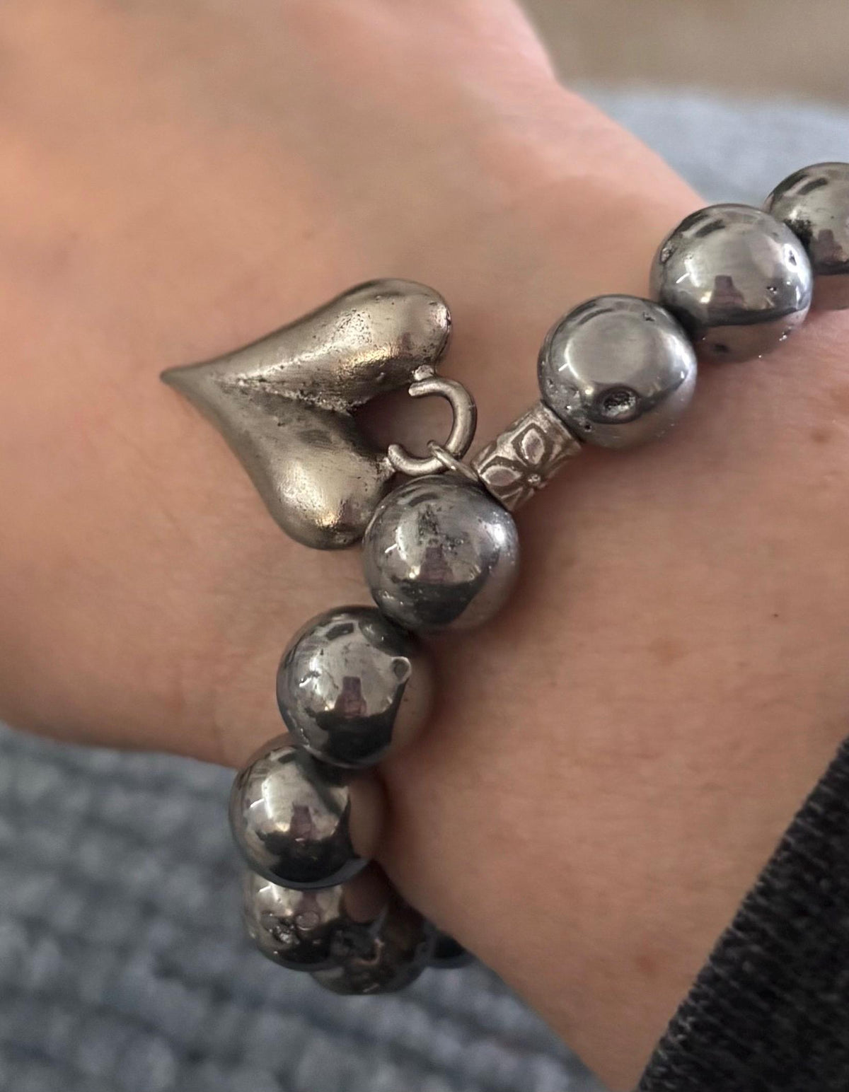 Luxe Silver Titanium Druzy Bracelet & Large Elongated Puffy Heart  Charm