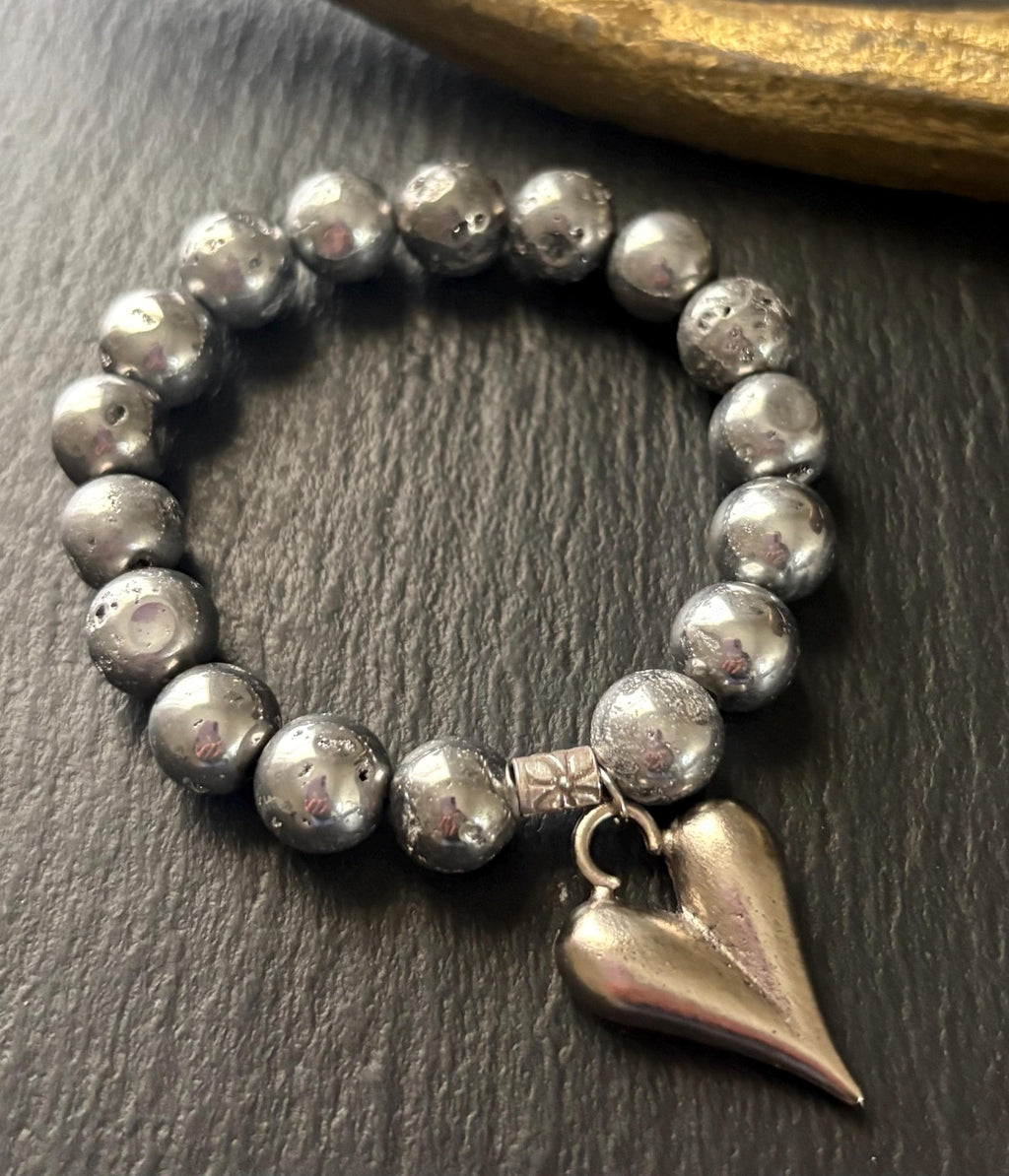 Luxe Silver Titanium Druzy Bracelet & Large Elongated Puffy Heart  Charm