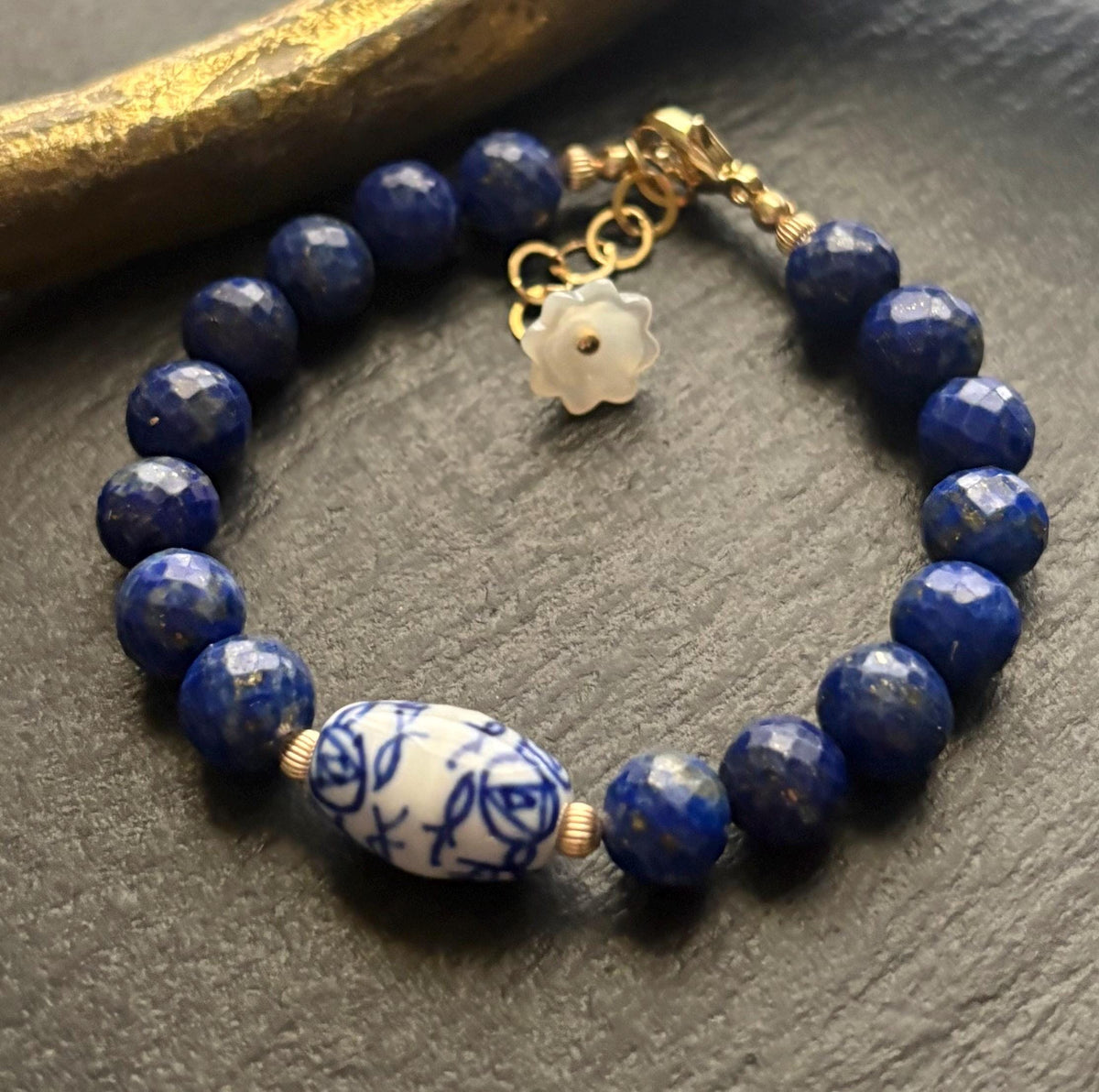 Lapis Lazuli Bracelet, Blue White Porcelain Bead, 14K Gold Filled