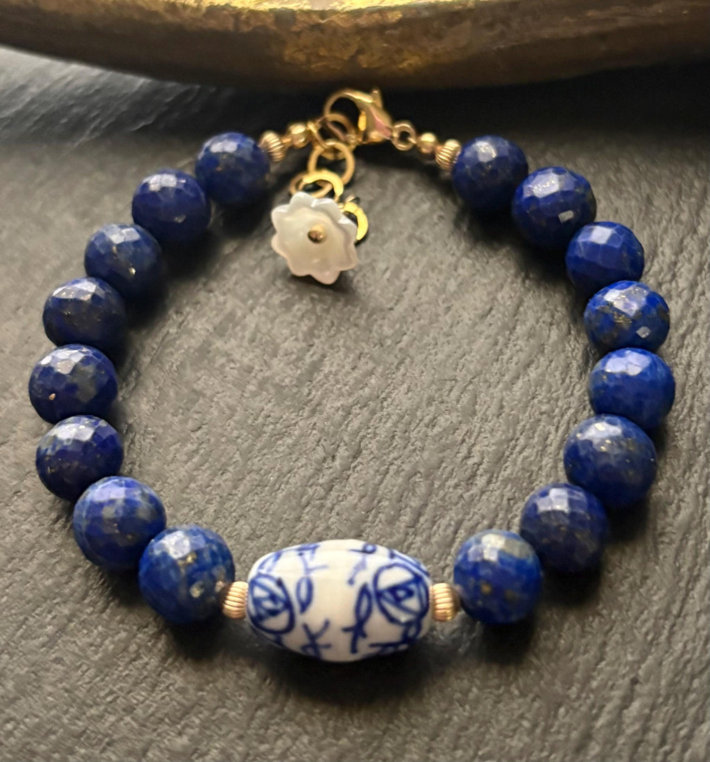 Lapis Lazuli Bracelet, Blue White Porcelain Bead, 14K Gold Filled