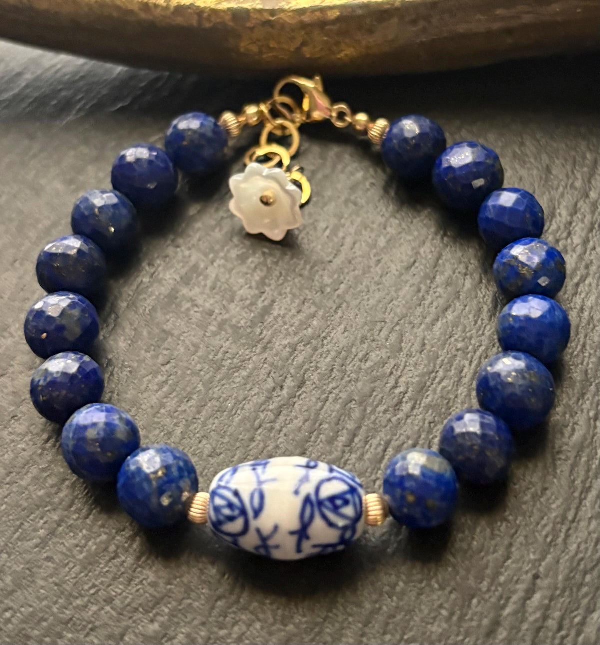 Lapis Lazuli Bracelet, Blue White Porcelain Bead, 14K Gold Filled